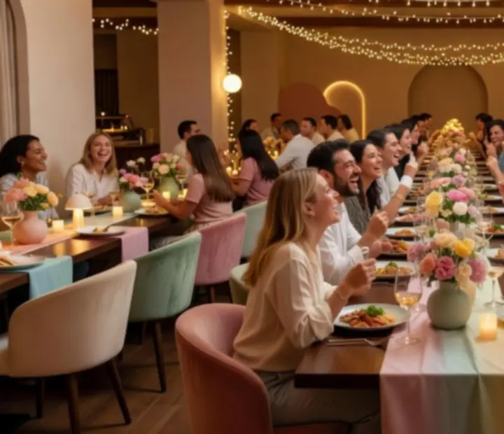 Wnętrze restauracji Zagroveloria w jasnych pastelowych kolorach