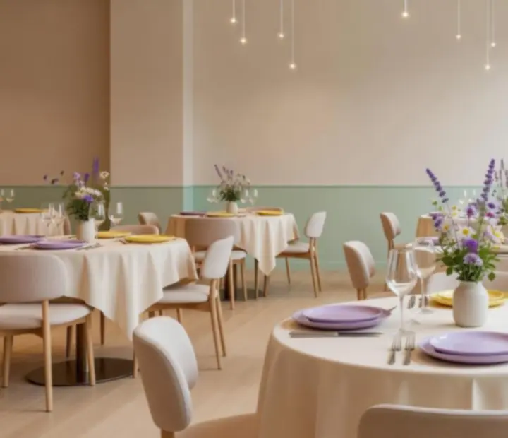 Elegancka sala restauracyjna Zagroveloria z pastelowym wystrojem i podanymi daniami