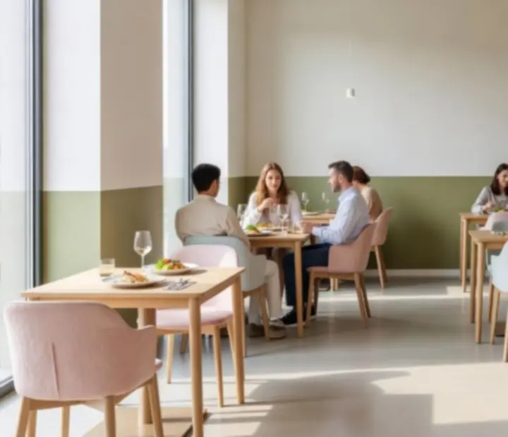 Eleganckie wnętrze restauracji Zagroveloria w jasnych pastelowych barwach